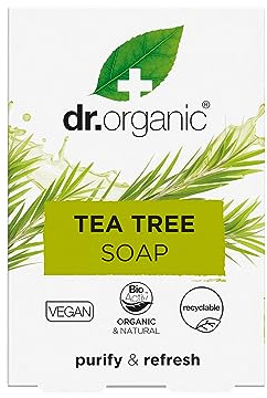 Dr Organic Tea Tree Soap Bar, Purifying, Oily Skin, Mens, Womens, Natural, Vegan, Cruelty-Free, Paraben & SLS-Free, Plastic Free, Recycled & Recyclable, Organic, 100g, Packaging may vary