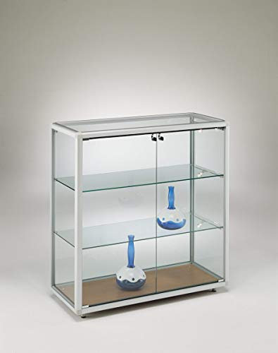 MHN Halbhohe Glasvitrine mit Rollen T 42,5 x B 99 x H 95 cm - breite Thekenvitrine Glas abschließbar - Flache Glasvitrine - LED-Beleuchtung
