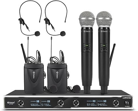 D-440 UHF 4-Channel Wireless Microphone System with 2 Handheld Mics & 2 Lavalier Headset Mics, Perfect for Karaoke, Parties, Weddings, Churches, 300 Ft Range (2 Handheld & 2 Bodypack)