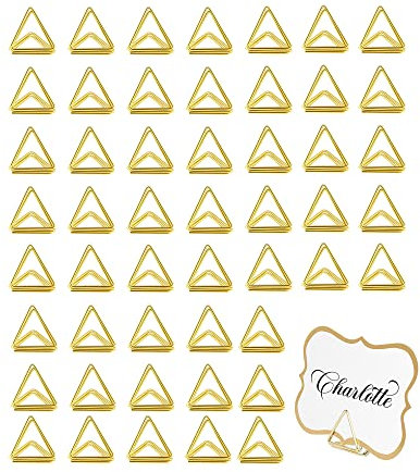 VBNZBK 50 Stück Dreieckiger Tischkartenhalter, Tischnummernhalter, Bildständer, Menükartenhalter, mit Goldfolienrand für Hochzeitstischkarten (Gold)