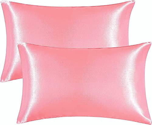 Satin Kissenbezug für Haar und Haut, 100% Seidig Luxus Satin Kissenhülle, 2 Stück Kopfkissenbezug Weich und Atmungsaktiv 40 x 80 cm Kissenbezüge (Rose)