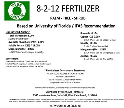 8-2-12 Palm Fertilizer - 25LBS. Palm, Trees and Shrub Fertilizer. Slow Release. Low pH Soil-Magnesium-Kieserite-University of Florida Formula with Kieserite