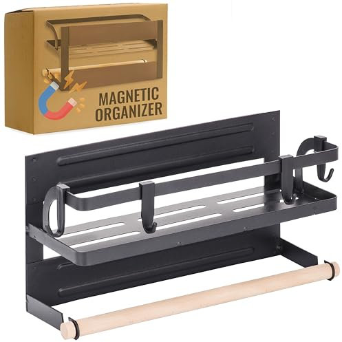 RICOO Gewürzregal magnetisch mit Küchenrollenhalter ohne Bohren, Gewürz Organizer KR003, Gewürzregal Schranktür, Kühlschrank Regal, Paper Towel Holder, Gewürzregal Wand mit Papierrollenhalter