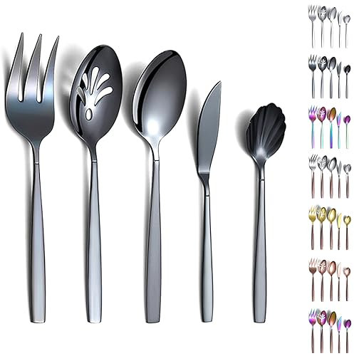 Evanda Ménagères assorties 5 pièces, ensemble de service en acier inoxydable plaqué de titane noir, cuillère de service, cuillère à fente, fourchette de service, cuillère à sucre, effroyeur de beurre