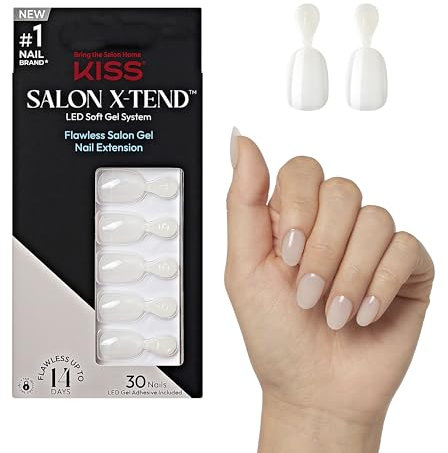 KISS Salon X-tend Press On Nails, Nail Glue included, Keep It, light White, Short size, Oval shape, 34 Ct.