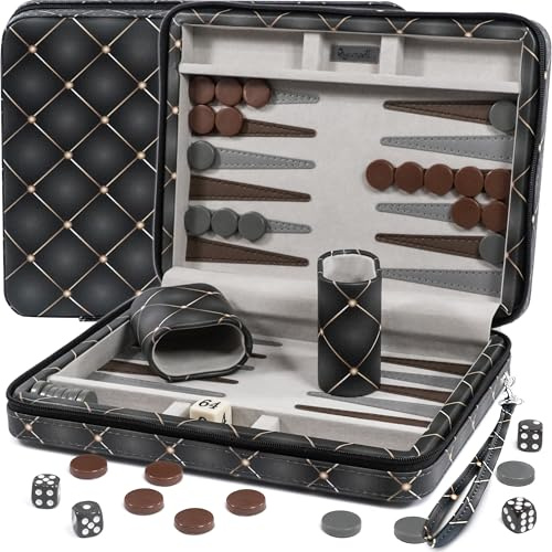 Magnetic Travel Backgammon Sets for Adults - Quality PU Leather Backgammon Board Game for Adults and Kids - 14 Gift for Man Backgammon Board with 32 Magnetic Pieces in PU Leather Case