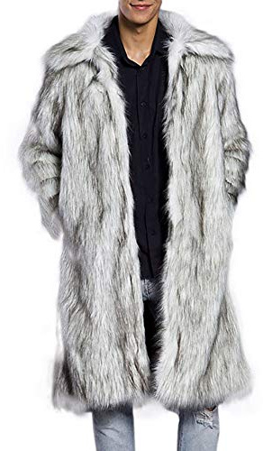 Men's Fluffy Faux Fur Long Warm Thick Parka Faux Fur Jacket White Faux Fur Thick Coat Plus Size Winter Warm Overcoat Fleece Lined Cardigan Outwear with Pockets Halloween Coat