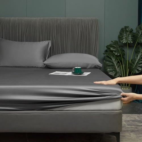 Bambu spännlakan 90 x 200 cm mörkgrå antibakteriell mjuka spännlakan kylande 50 % bambu och mikrofiber resårlakan set resårsäng linne 90 x 200 dra-på-lakan för upp till 25 cm madrass