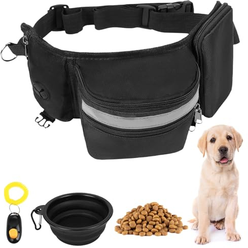 Aomig 3st godispåse för hundträning, justerbar hundgodisväska med hopfällbar skål Free Clicker, multifunktionell hundgodisväska, handfri hundträningsväska, valpträningsväska för promenader