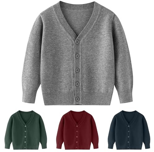 Kunyeah Cárdigan de Punto para niños y niñas, suéter de algodón Soild para niños, Cuello en V, Manga Larga, Ropa de Abrigo para niños de 3 a 7 años (FR/ES, Edad, 6 años, Regular, Gris)