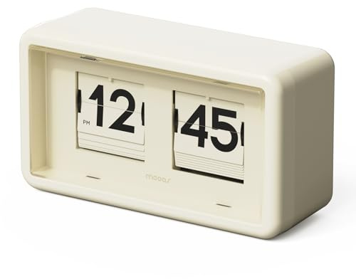 mooas Newtro Flip Desk Clock, Retro Design Auto Flip Clock, Automatic Turning Vintage Flip, Battery Powered, AM/PM, Home Décor Ideal for Home Office School Hotel Café (Cream)