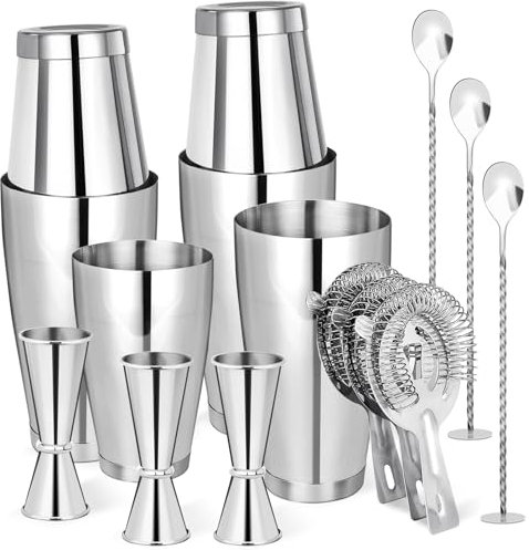 Mwellewm Cocktail Shaker Boston Shaker Set 15 Pcs Professional Bartender Kit Bar Shaker Stainless Steel Drink Shaker Bartending Martini Shaker Tin Mixed Alcohol Shaker Tool for Beginner(Silver)