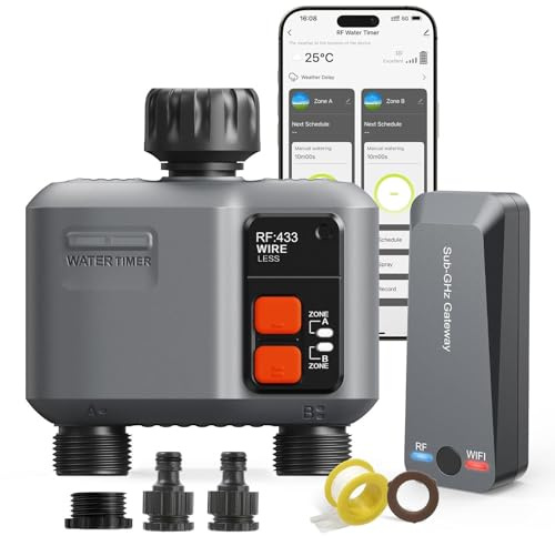 johgee Smart WiFi Water Timer 2 zone for Irrigation with 984 Feet RF Gateway, 2 Outlet Remote Control Sprinkler Hose Timer for Garden Hose, Rain Delay,WiFi Irrigation Sprinkler Controller for Garden