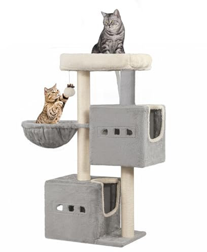 Hzuaneri Cat Tree, 98 cm Tower, Sisal Scratching Post, Cats Tower for Indoor, Multi-Level Stable Cat Tree with Cats House, 2 Caves, Pompoms, Light Grey MS10018LGV1