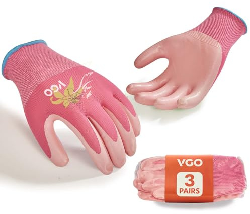 Vgo... 3 Paia Donna Giardinaggio Guanti- Rivestiti in Nitrile Antiscivolo, Lavabili in lavatrice & Traspiranti per Outdoor,DIY,Ranch,Camping| Bundle Economico con Colori Scelta(3Paia/L/Rosa/NT2110-P)