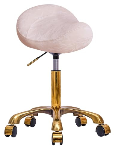 HZLCMPY Saddle Stool Gold Rolling Stool with Wheels, PU Leather Roller Vanity Chair, Height Adjustable Swivel Saddle Chair for Pedicure, Tattoo, Massage, Salon, Spa (Pink)