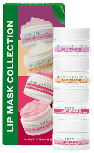 Mario Badescu Lip Mask Collection Gift Set – 4 Pc Hydrating Lip Masks for Dry Lips in Acai Vanilla, Watermelon Basil, Coconut Mango & Pomegranate Guava – Overnight Moisture & Nourishing Care