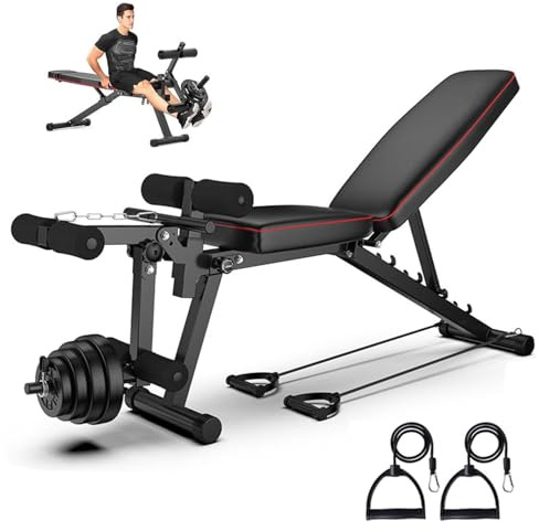 Banc de Musculation Développé Couché, Banc Abdominaux Inclinée, Banc de Musculation Réglable Dossier Inclinable en 5 Positions avec Extension Des Jambes, Fitness et Musculation Bandes de Résistance