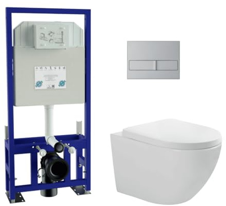 Pack Inodoro Suspendido Blanco Brillo y Cisterna Empotrada Autoportante con Pulsador Cromo | Inodoro Blanco Brillo Rimless Sin Borde de Fondo Reducido y Asiento Extrafino con Caida Amortiguada