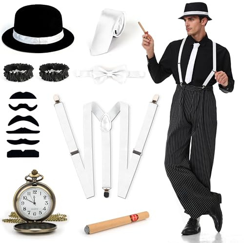 Charmofun Disfraz Años 20 Hombre, Disfraz de Mafia Gánster Retro para Carnaval y Fiestas Temáticas, Traje Mafioso Vintage con Camisa, Pantalón, Tirantes, Sombrero y Accesorios (Negro, M)