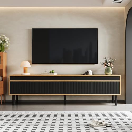 Quiaviank Wooden TV Cabinet with 4 Doors, 170cm TV Unit for TV up to 75 Inches, Long Media Console Table Entertainment Center for Living Room Furniture, Bedroom, Black and Wood Color