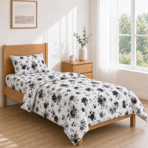 Set med sängkläder i vitt och svart blommig 90 x 200 + 30/160 x 270 + 50 x 80 1 st