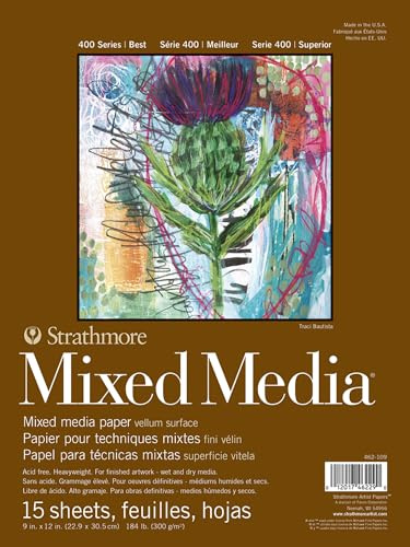 Strathmore 400 Bloc Mix Media, Acabado vitela, 300gsm, Cubierta Plegable - Encolado por 1 lado, 22.86 x 30.48 cm, Bloc, 15 hojas