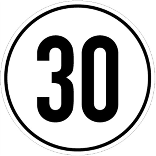 Aufkleber Geschwindigkeitsschild 30 km/h, Folie selbstklebend 20 cm Ø (Kraftfahrzeugschild, Kilometerschild, Höchstgeschwindigkeit) praxisbewährt, wetterfest