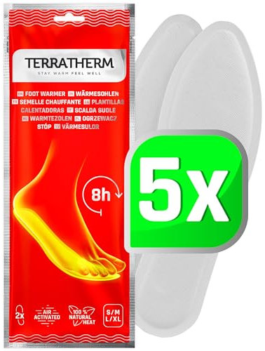 TerraTherm Wärmesohlen luftaktiviert – 8h warme Füße – 5, 10 oder 30 Paar Sohlenwärmer – 100% natürliche Wärme – wärmende Schuheinlagen - 5 Paar M