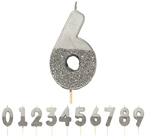 Talking Tables-Silver Number 6 Birthday Candle with Glitter-Premium Quality Cake Topper Decoration Decoración para tartas (número 6 de cumpleaños, 8 cm), color plateado, plata (BDAY SLV-6)