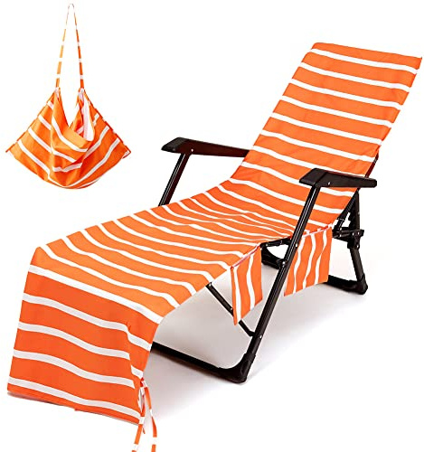 Morbuy Beach Chair Cover, Solid color Striped Lounger Bags with Pockets Sunbed Towels Fitted Microfiber Sun Lounger Towels for Summer Outdoor Pool Vacation Travel (orange)