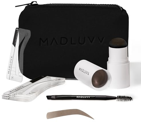 MADLUVV Brow Stamp Kit with Brow Stencils – Easy Eyebrow Shaper for Natural-Looking Brows – Popular Eyebrow Stencil Kit Used by Professionals – 9 Shapes, Spoolie, Travel Bag & Stamp (Medium Brown)