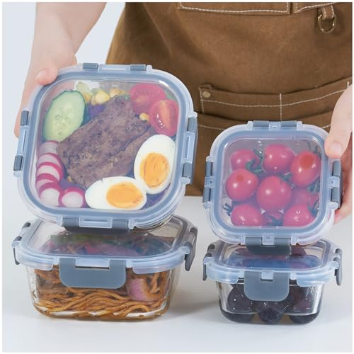 ROSOS Glass Food Storage Containers With Upgraded Airtight Lids - Super Leak Proof, BPA Free, Freezer to Oven Safe, 4 Pack, Grey