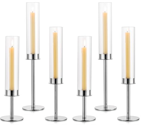 Sziqiqi Kerzenhalter Kerzenständer Silber Metall für Hochzeitstisch Mittelstücke - 48cm Hoch Kerzenständer 6er Set Windlicht Kerzenhalter Stabkerze mit Glas für Esszimmer Kaffee Tischdekoration