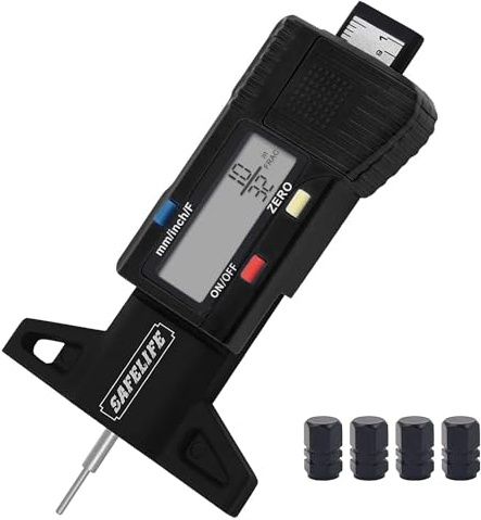 SAFELIFE Digital Tire Tread Depth Gauge, 3 Modes-Fractional Inch, Decimal Inch and Millimeter, Zeroable Tire Tread Depth Gauge for Motorcycles,Cars,Trucks Accurate Tyre Tread Depth Gauge-Black