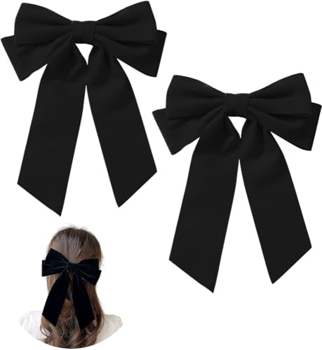 ZEVONDA Pack of 2 Big Bow Hair Clips - Solid Color Velvet Large Bowknot Hairpin Hair Clip with Long Tail Hair Barrettes Accessories for Girls Women, Black * 2