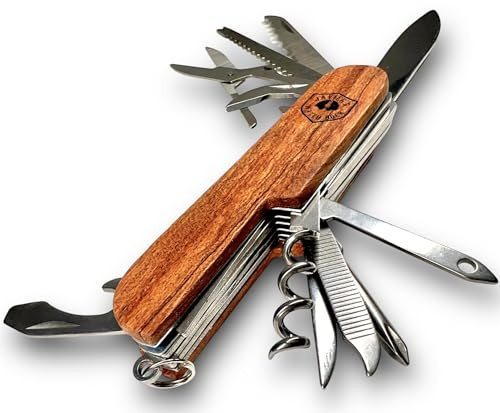 JAVIER.R WATCH DOCK Wood, Couteau suisse multifonction de poche pliable en bois avec 14 fonctions multifonctions avec ciseaux et scie pour bois, couteau de chasseur, chasse, pêche, camping, etc