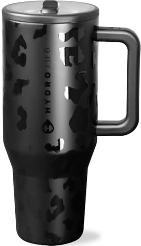 HydroJug Traveler - 40 oz Water Bottle with Handle & Flip Straw - Fits in Cup Holder, Leak Resistant Tumbler-Reusable Insulated Stainless Steel & Rubber Base - Gifts for Women & Men, Black Leopard