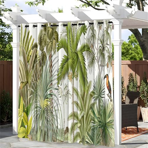 Hiseng 1 Stück Outdoor Vorhänge Wetterfest mit Ösen Outdoorvorhänge 3D Papageienmuster Türvorhang Blickdicht Sichtschutz Gardinen für Balkon Garten Terrasse Pergola (132x213cm,grüner Dschungel)