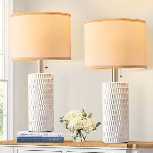 Reaketon 20 Small Ceramic Table Lamps for Bedroom Set of 2, Modern Table Lamps for Night Stands, Living Room, Home Office and Hallways, White
