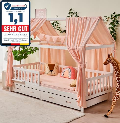 ALAVYA HOME® Hausbett Himmel Deko Set 3-TLG – 2 Stoffhimmel + Wimpelkette, GOTS Bio-Musselin Baumwolle, Traumhimmel für Kinderzimmer, Mädchen & Jungen, 125x350cm, Hellrosa