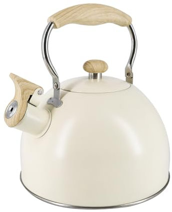 Lily's Home Whistling Tea Kettle, Teapot for Stovetop, Pleasant Whistle Sound, Heat Resistant Plastic Handle - Faux Wood Finish, Non Toxic Stove Kettle for Boiling Water - 2.5 Quarts (Cream)