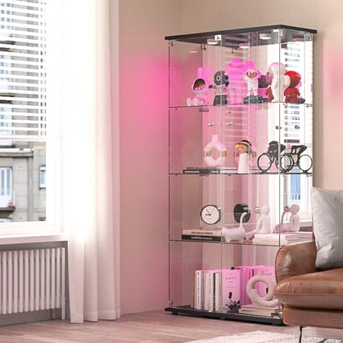 DADEA Vitrina Cristal con Espejo, Vitrina Cristal 4 Estantes y 2 Puerta, Estanteria deCristal con Cerradura CristaleraVitrina deCristal con LED Columna Expositora Vidrio Vitricas con Luz, Negro