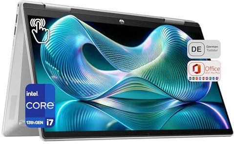 HP Pavilion x360 Ordinateur portable, 2 en 1, Intel Core i7-1355U, RAM DDR4 16 Go, SSD PCIe 1 To, écran tactile FHD 14, carte graphique Intel Iris Xe, clavier QWERTZ, Windows 11 Home, Office 2021,