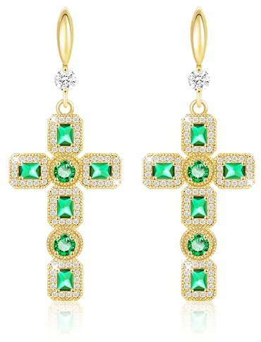 Linawe Orecchini a croce, in oro verde, da appendere, in moissanite, pietre portafortuna, strass, gioielli alla moda, orecchini da donna con pendenti a croce placcati in oro