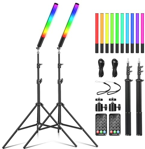 Confezione da 2 luci LED per video RGB, asta luminosa a LED, 2500 K-6500 K, con schermo LCD, treppiede da 0,75 m a 2,08 m e telecomando, per Vlog, YouTube