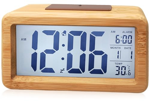 GOMETY Sveglia in legno digitale, con grande display LCD, piccola sveglia da tavolo con data, visualizzazione della temperatura, orologio con modulo snooze per camera da letto ufficio (legno massello