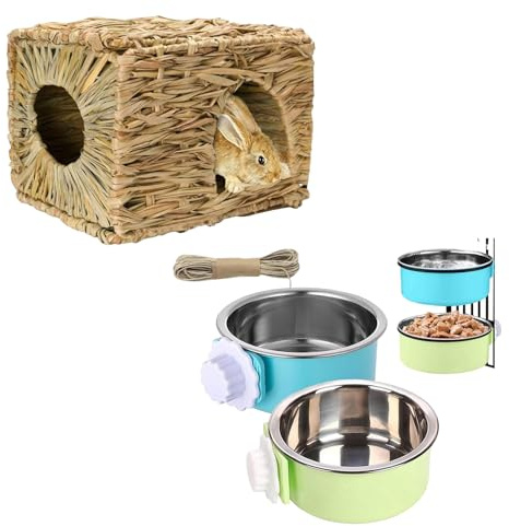 2 Pcs Rabbit Grass House (12 L*8 W*9 H) &2 Pcs Hanging Cage Bowls (5 D*2 H)