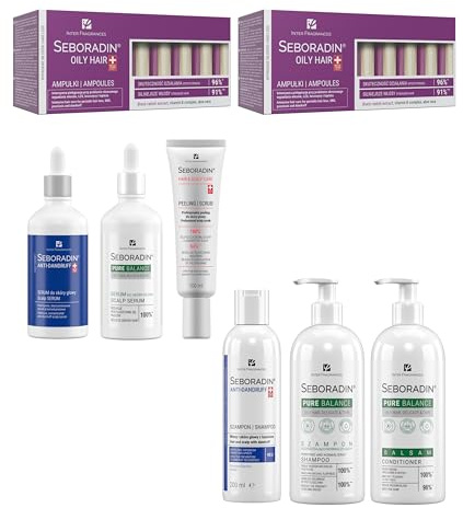 SEBORADIN Maria Set Blue - 2x Ampollas Oily Hair - Sérum y Champú Anticaspa - Pure Balance Acondicionador Champú y Sérum - Peeling para el Cuero Cabelludo