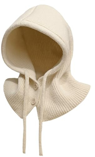 Rayson Wintermützen für Damen Warme mit Weichem Balaclava Kordelzug Skull Cap mit Kordelzug Buttons Kapuzenschal Mütze Unisex（Beige）